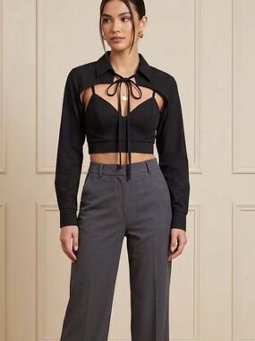 Privy Black 2-Piece Style Cutout Cropped Tie Front Top Size S